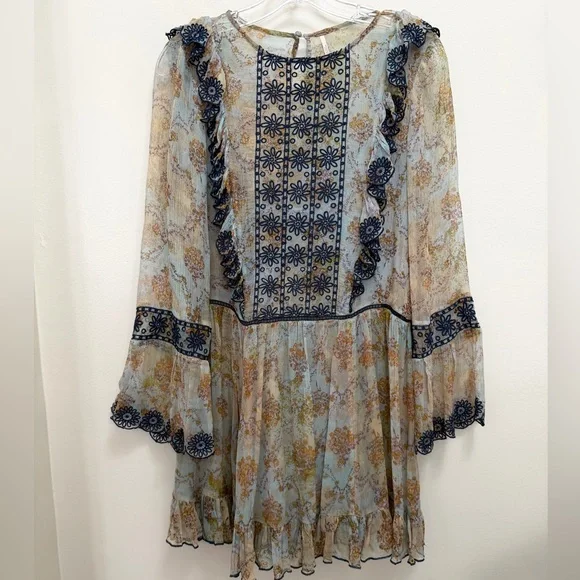 Free People Country Roads Mini Dress Lightweight Embroidered Ruffle Blue Size XS - Picture 3 of 11